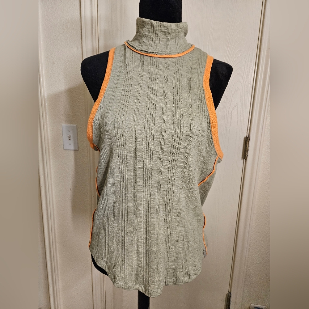 We The Free Sleeveless Knit Turtleneck Tank in Sage with Orange Trim